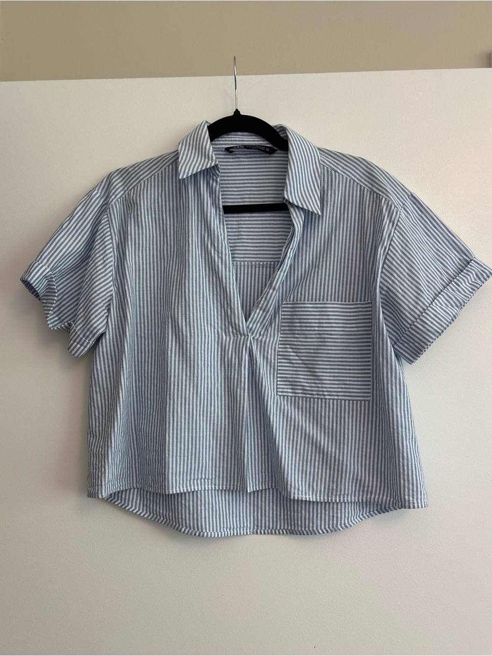 Zara Striped V-Neck Collared Cropped Blouse